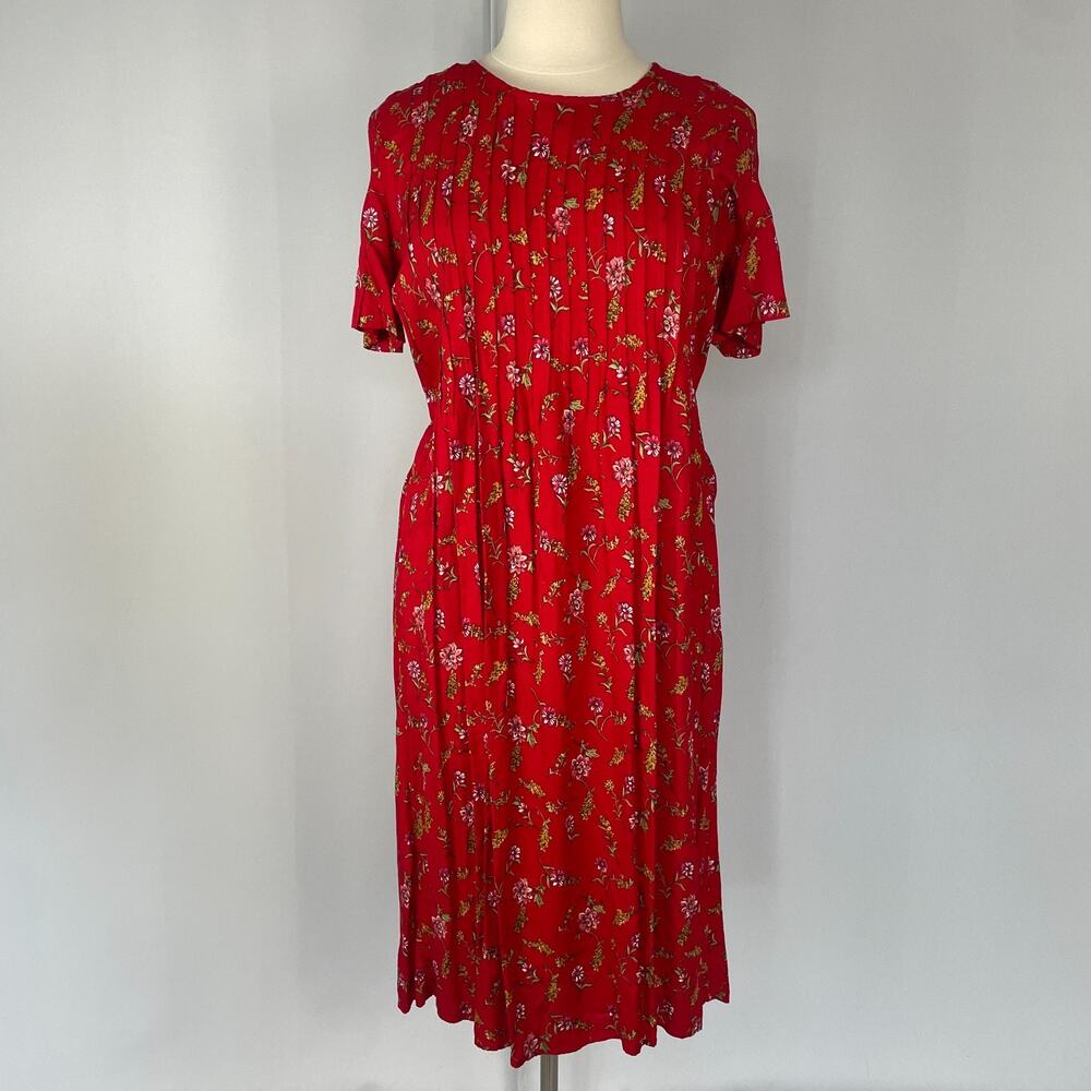 Vintage Midi Dress Size 16 Red Ditsy Floral Pleated Casual Cottage Garden 90s